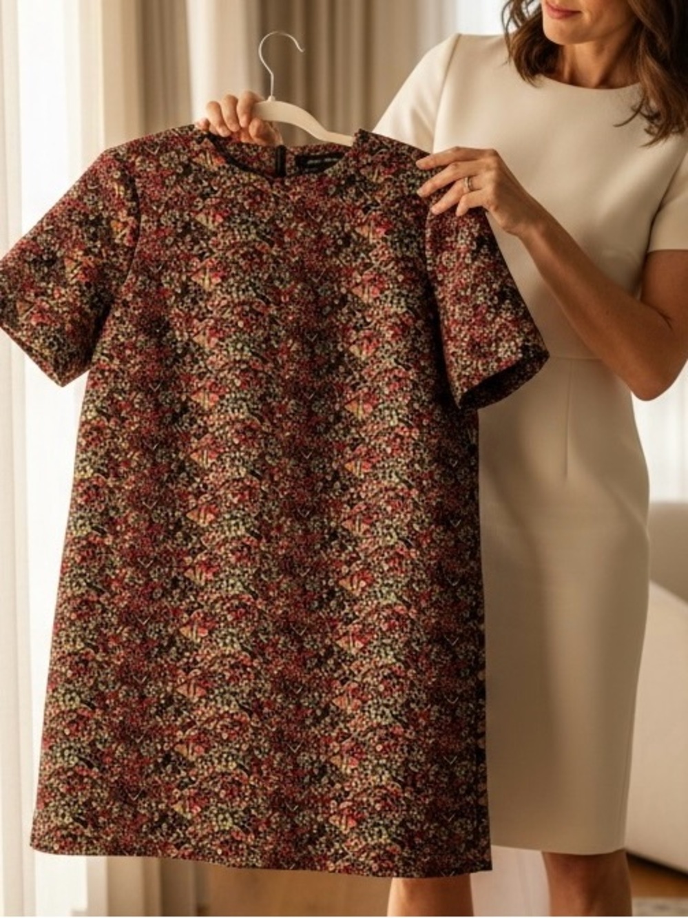 Zara Short Sleeve Floral Jacquard Shift Dress - Burgundy Multicolor